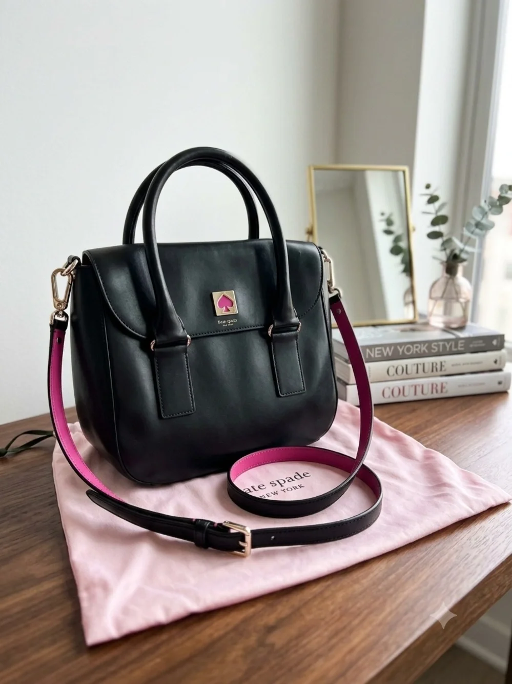 Kate Spade Make it Mine Black Leather Satchel with Pink-Trim Strap